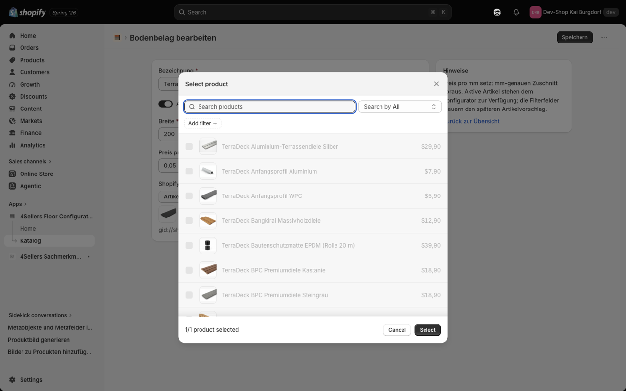 Flooring item form with fields filled in and the variant picker open
