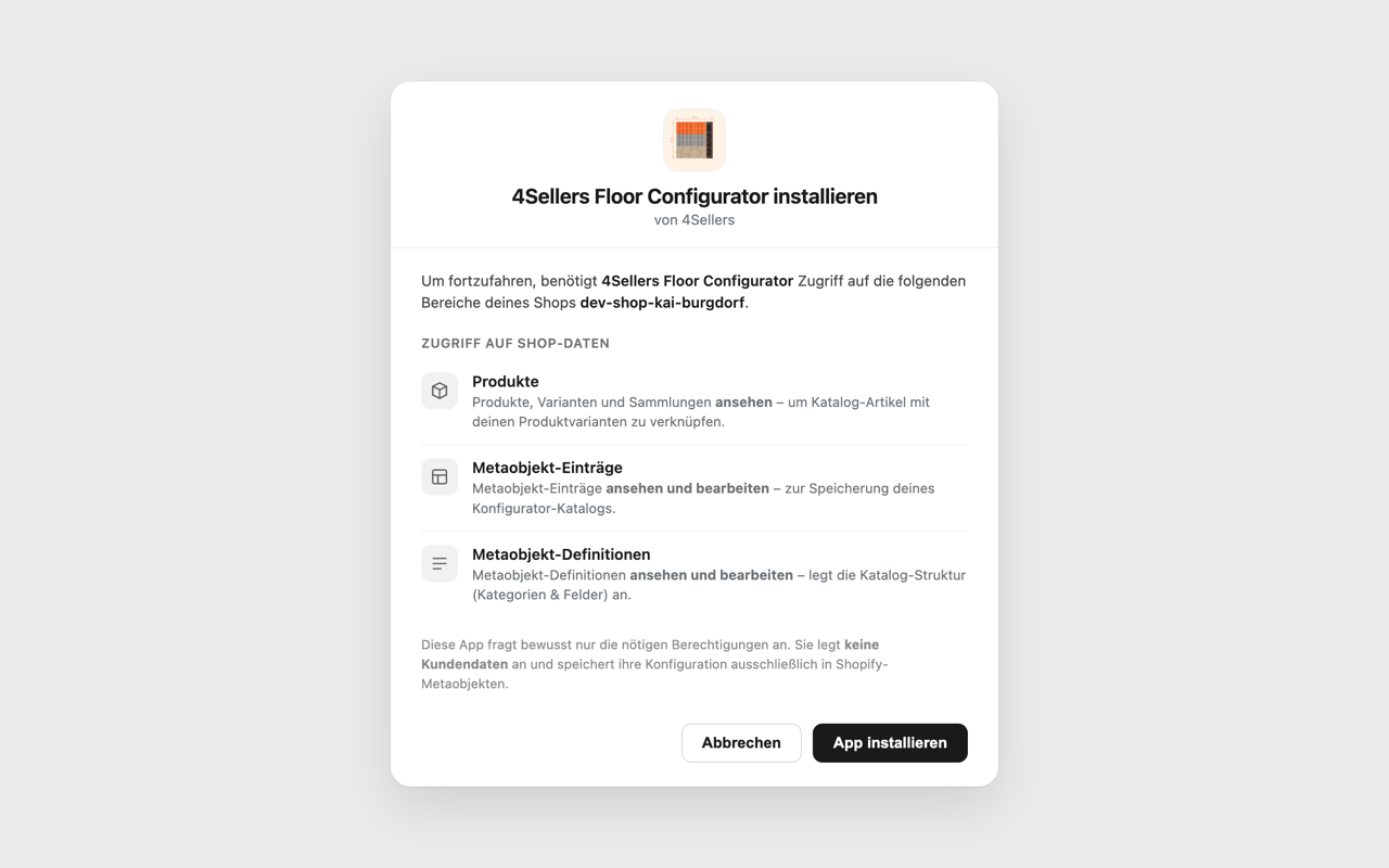 Shopify consent dialog showing the app's requested permissions
