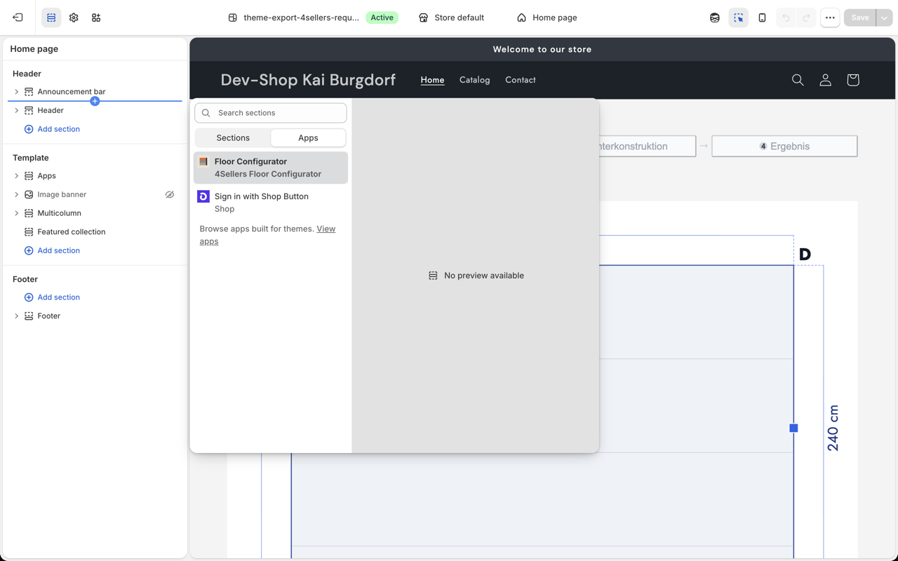 Theme editor with the block picker and the configurator block added in the preview
