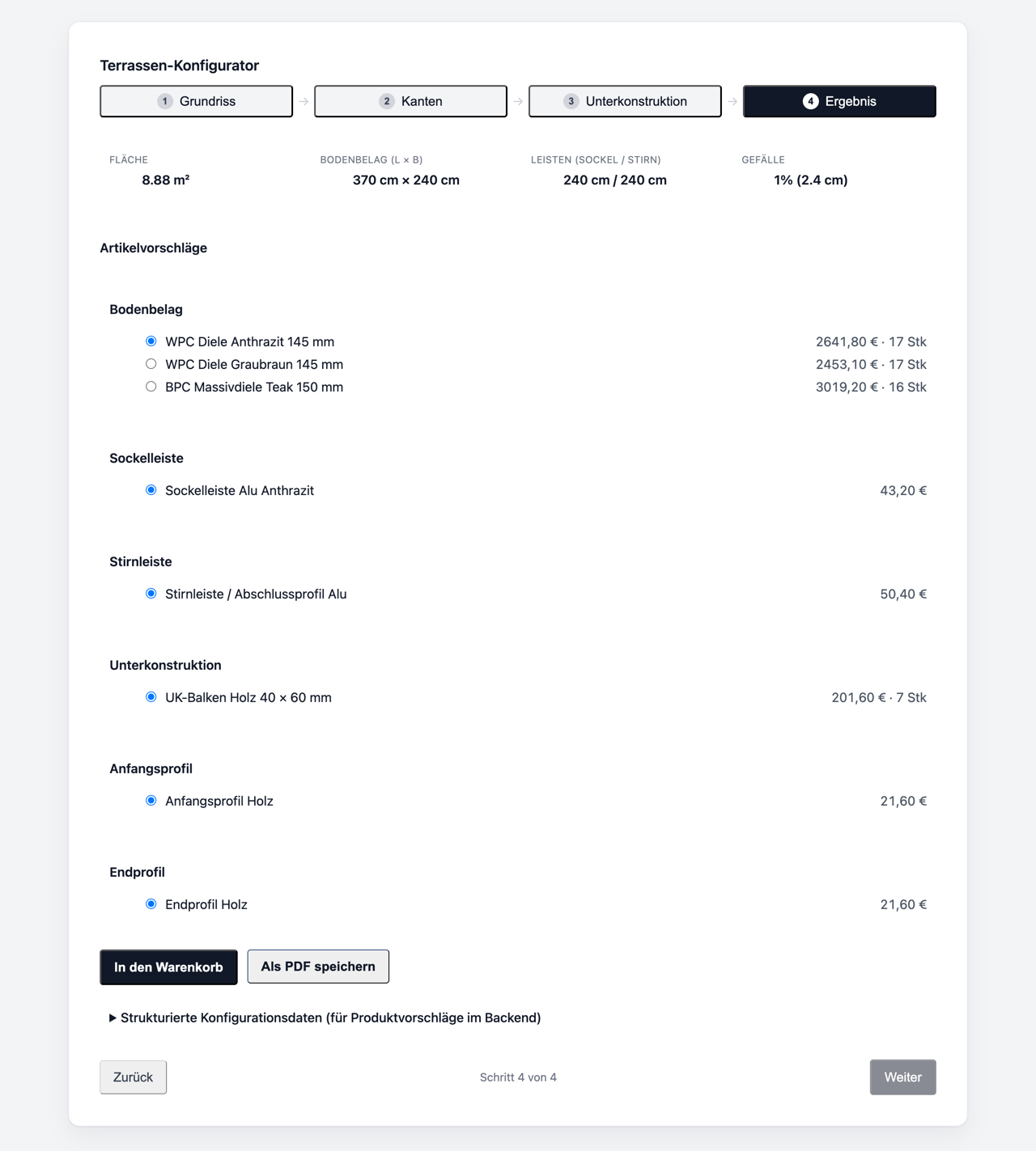 The result step with the item list, quantities, prices and the "Add to cart" button