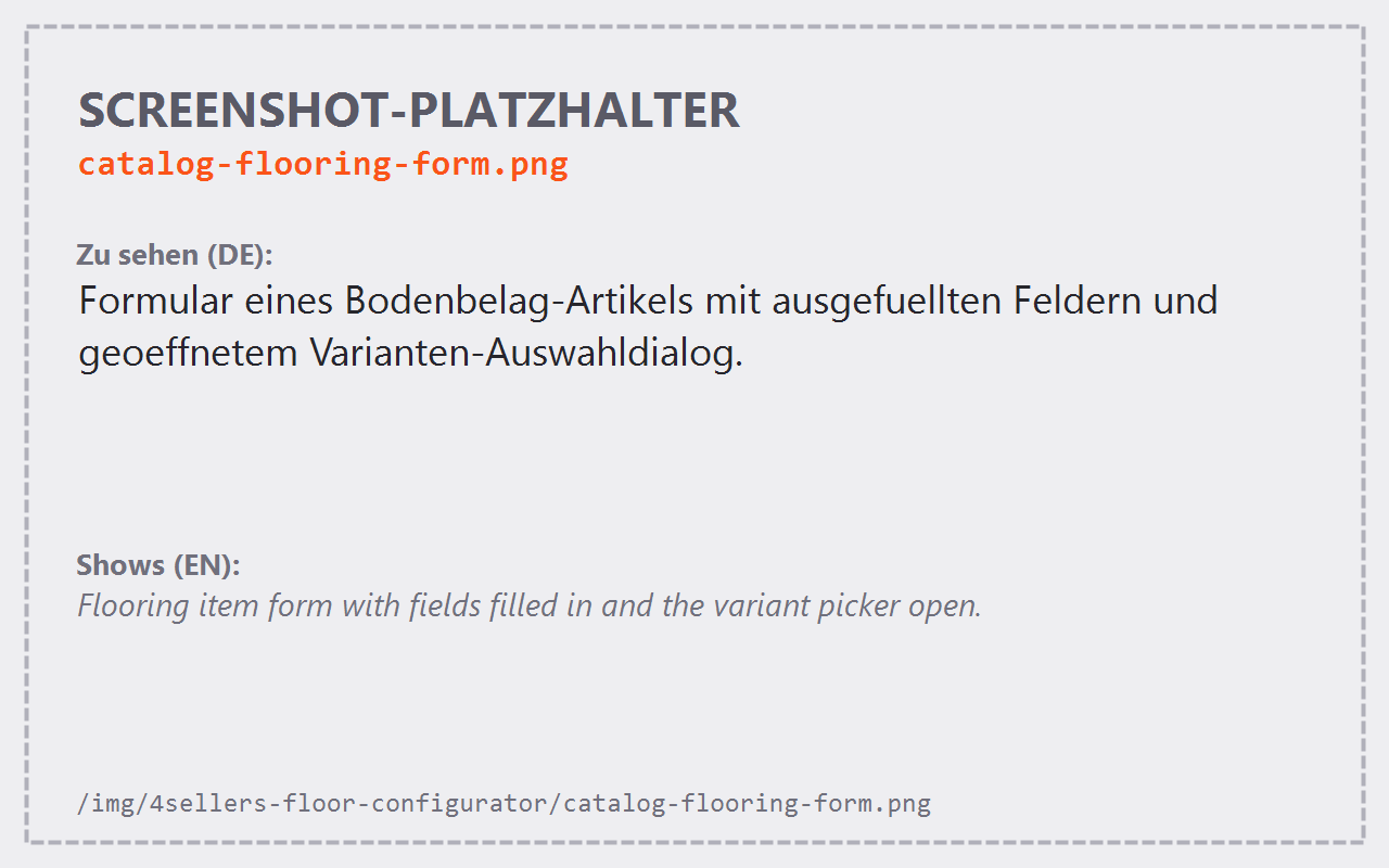 Formular eines Bodenbelag-Artikels mit ausgefüllten Feldern und geöffnetem Varianten-Auswahldialog