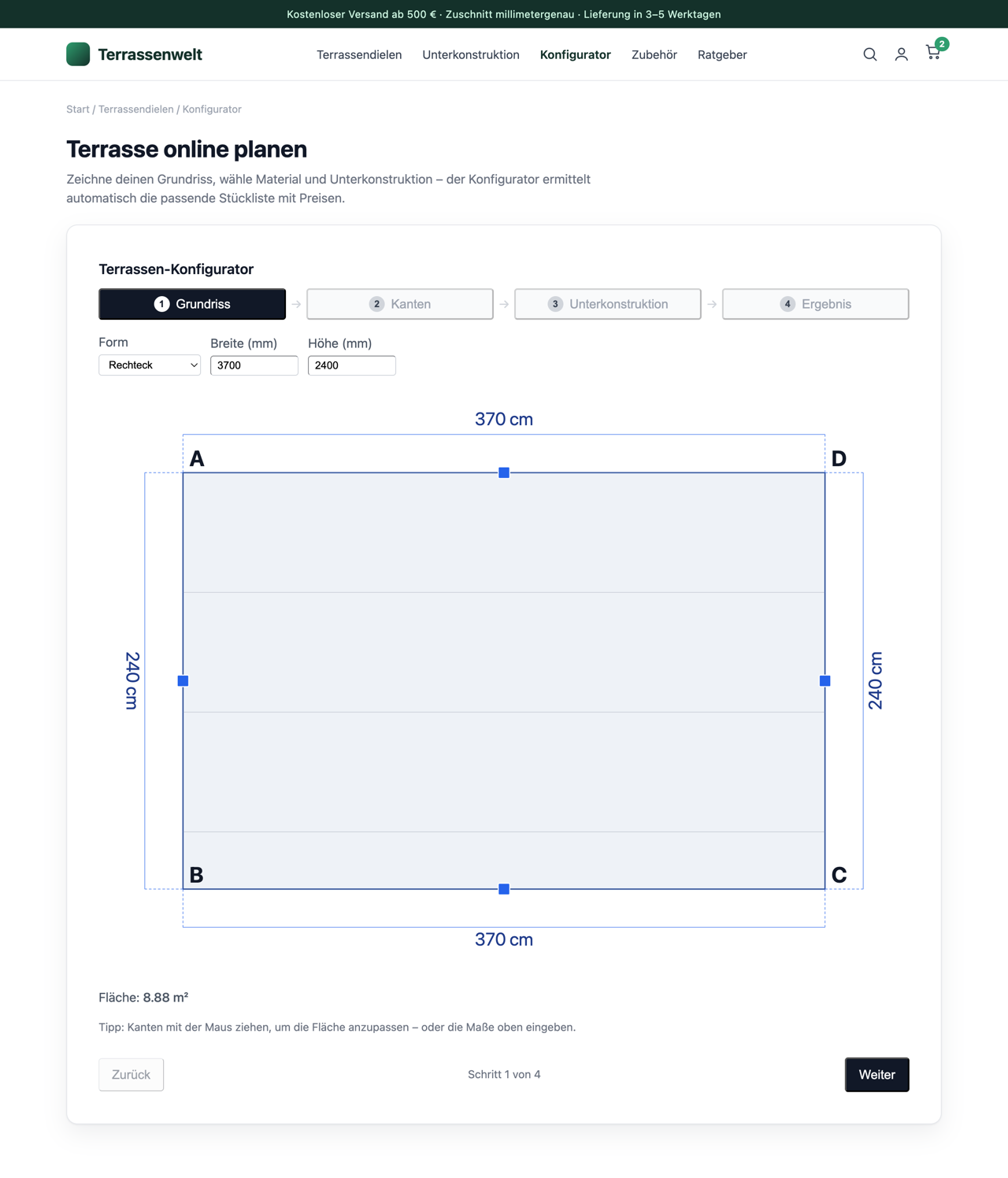 Der Konfigurator-Block auf einer Shop-Seite mit geöffnetem Assistenten und gezeichnetem Grundriss