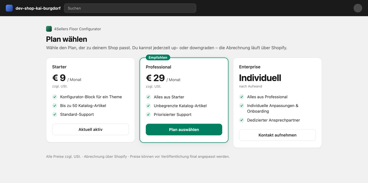 Plan-Vergleich, wie er dem Händler bei der Auswahl angezeigt wird